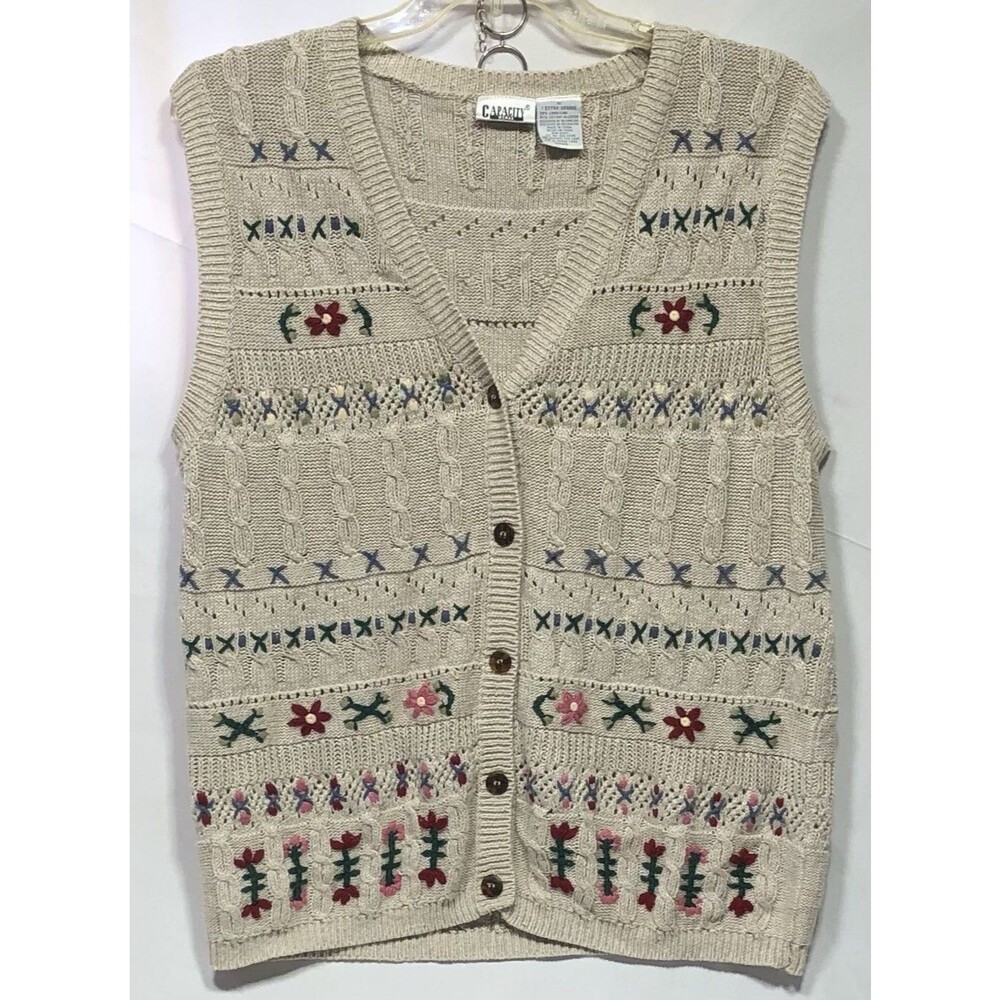 Vintage Sweater Vest 1X Beige Floral Linen Crochet Embroidered Grandma Cottage